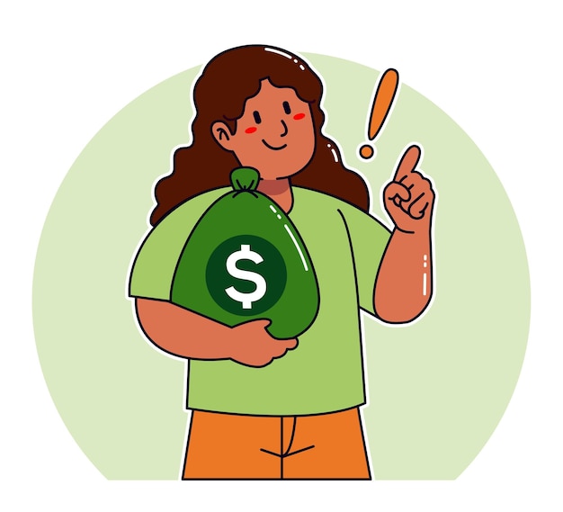 Vector cartoon woman carrying sack of money