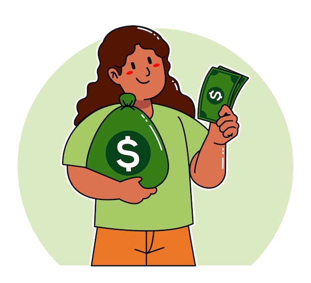 Vector cartoon woman carrying sack of money