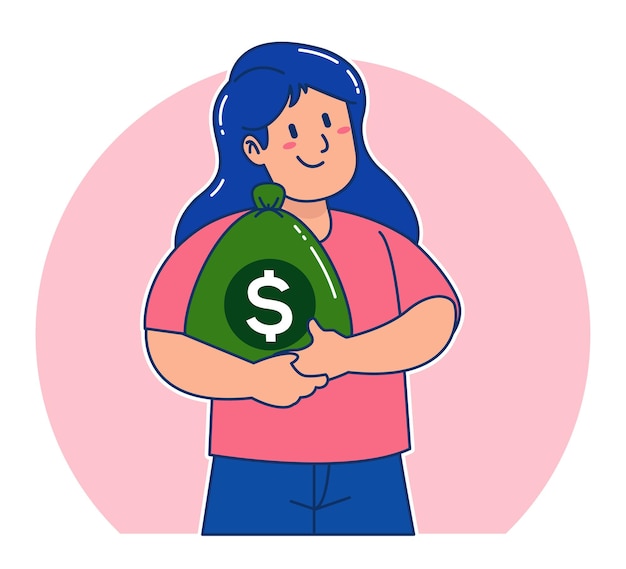 Cartoon woman carrying sack of money