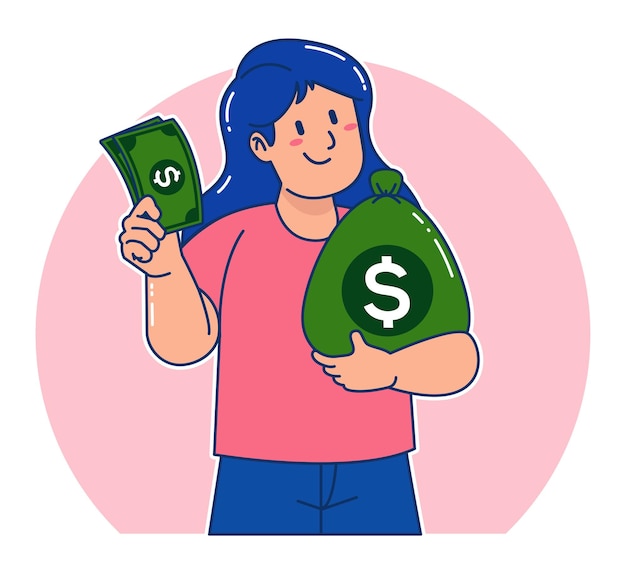 Vector cartoon woman carrying sack of money