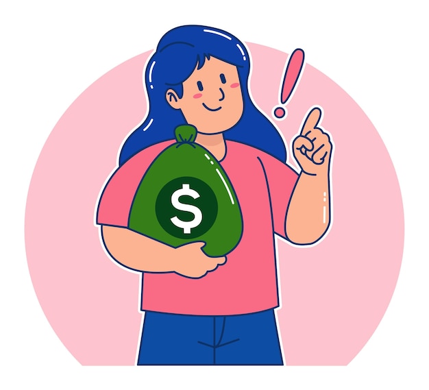 Cartoon woman carrying sack of money