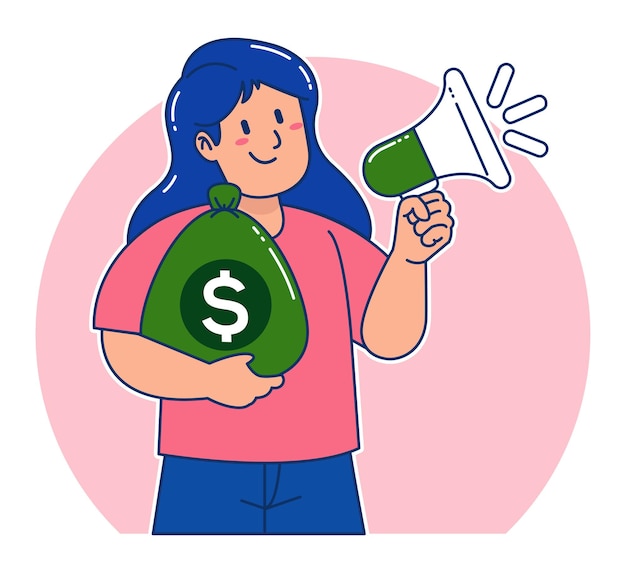 Cartoon woman carrying sack of money