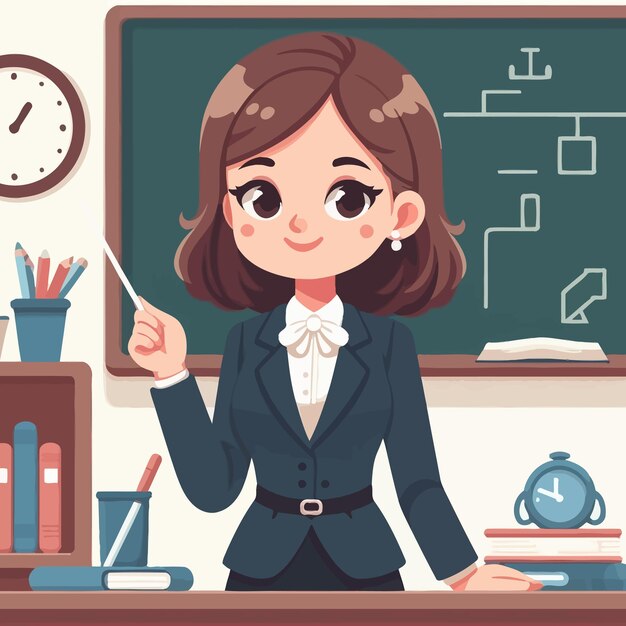 Vector a cartoon of a woman in a classroom with a pencil in her hand