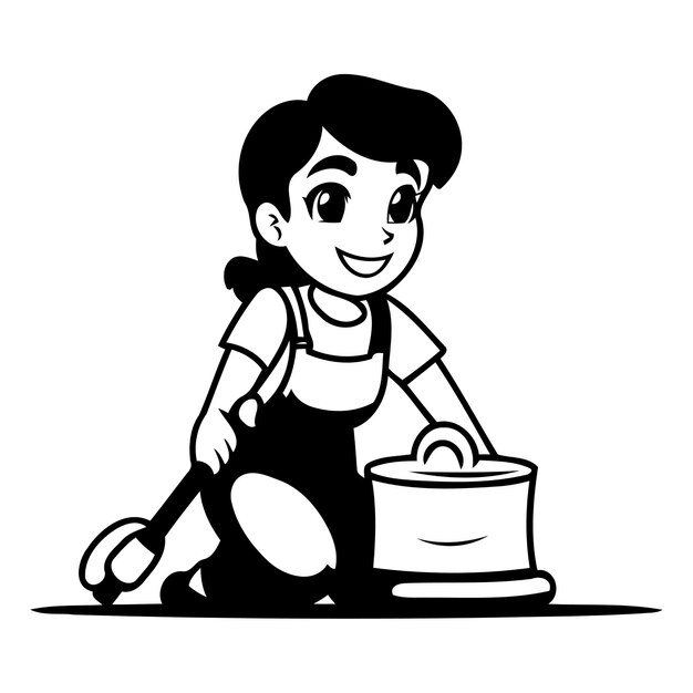 Cartoon woman cleaning floor Cleaning service concept Vector illustration