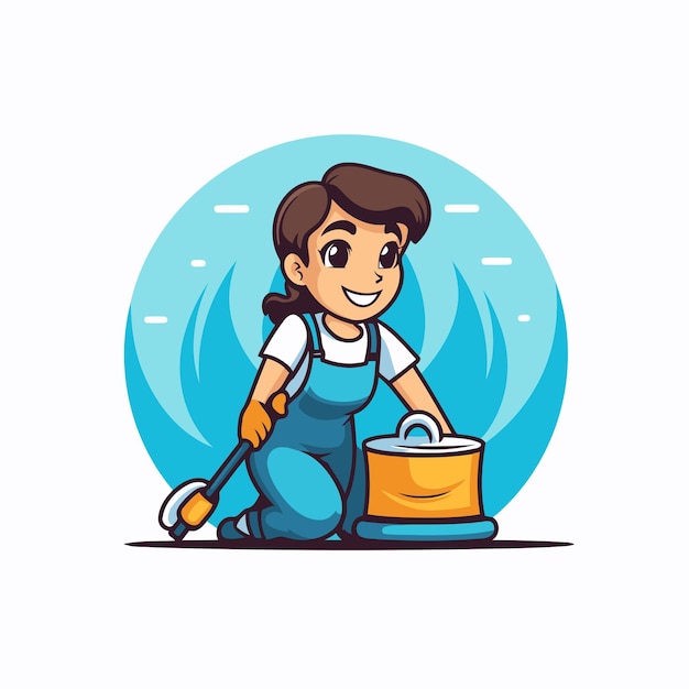 床を掃除する漫画の女性 掃除サービスのコンセプト ベクトルイラスト