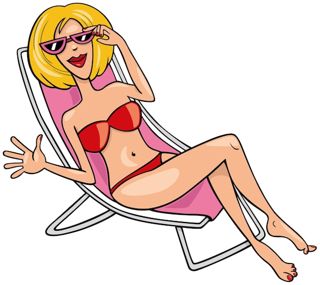 Vector cartoon woman comic character on a beach chair