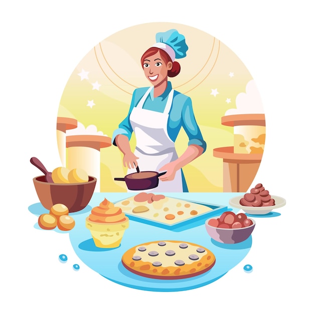 a cartoon of a woman cooking in a kitchen with a pan of food