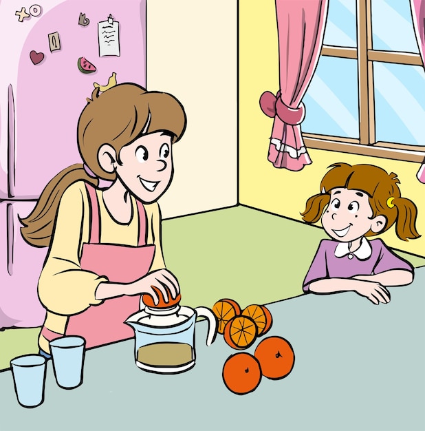 A cartoon of a woman cooking with a girl in a kitchen