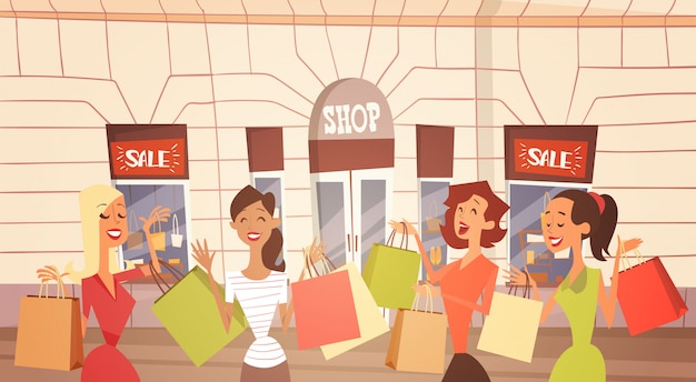 Vector cartoon woman group with shopping bag big sale banner retial store exterior