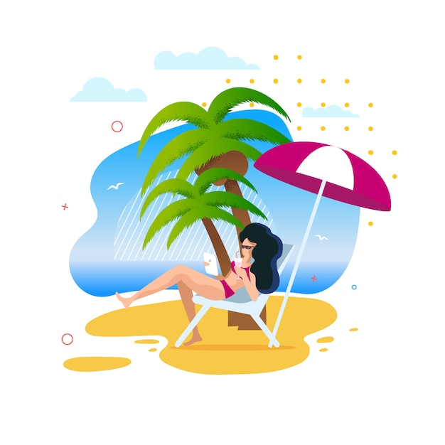 Cartoon woman having rest along under palms