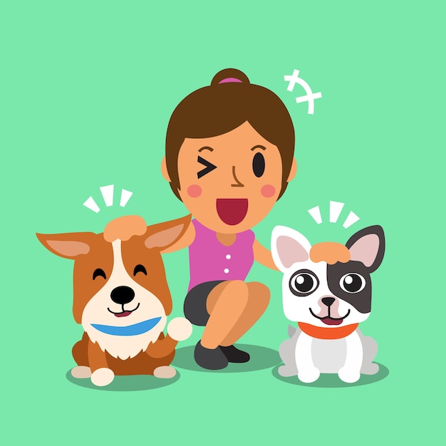 Vector cartoon a woman and her dogs