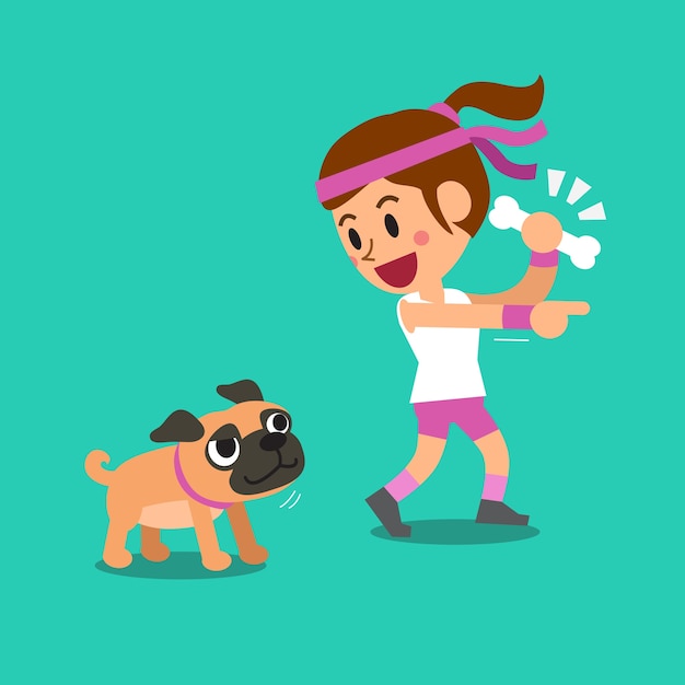 Vector cartoon a woman and her pug dog