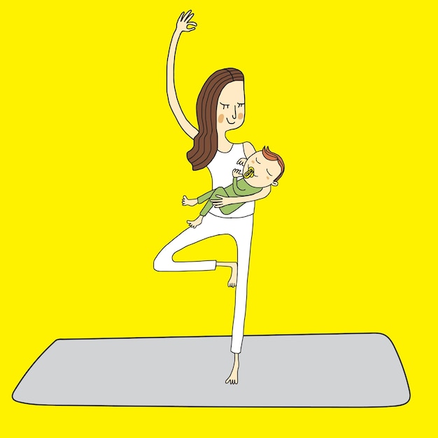 A cartoon of a woman holding a baby doing a yoga tree pose