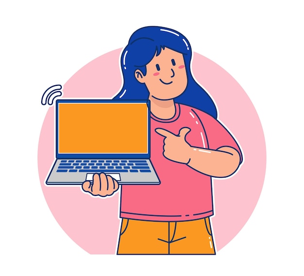 Vector cartoon woman holding a laptop