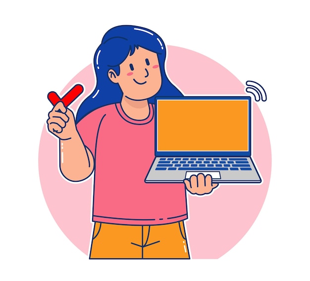 Cartoon woman holding a laptop