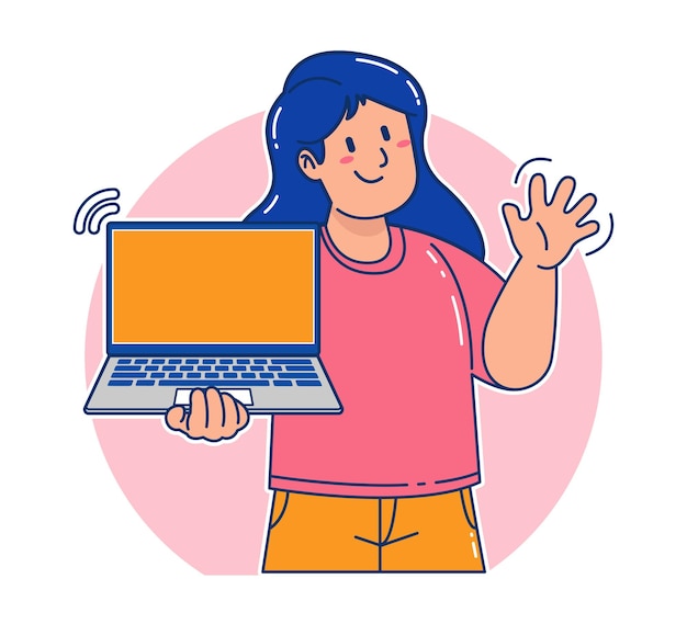 Cartoon woman holding a laptop