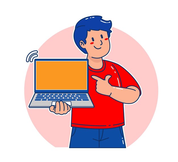 Vector cartoon woman holding a laptop