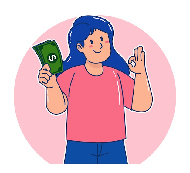 Cartoon woman holding money bills