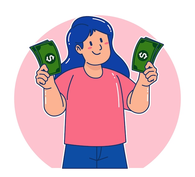 Vector cartoon woman holding money bills