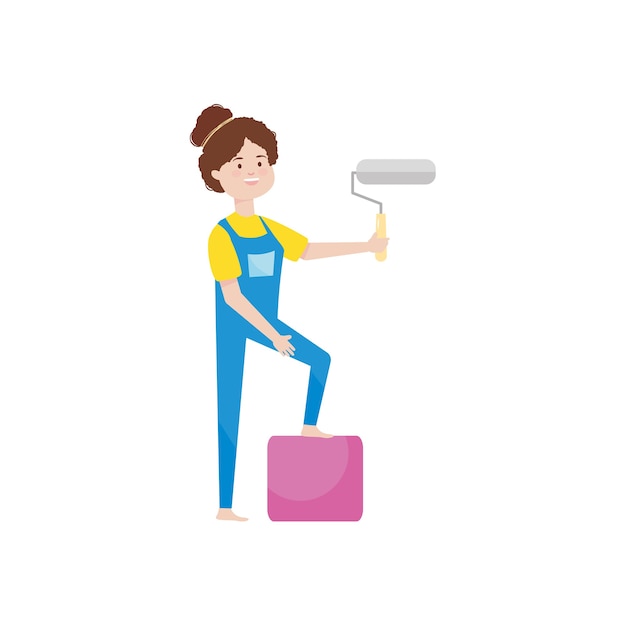 Cartoon woman holding a paint roller over white background