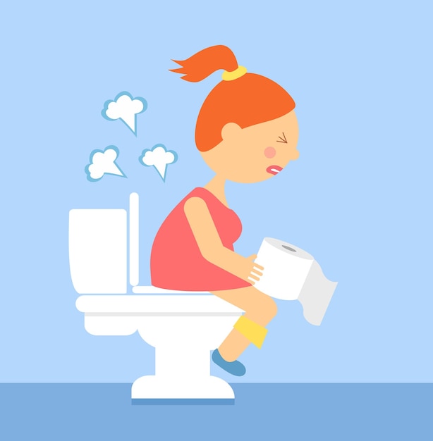 Cartoon woman is sitting on the toilet urinary bladder problem or or sickness concept stomachache