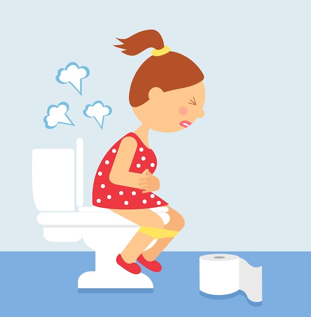 Vector cartoon woman is sitting on the toilet urinary bladder problem or or sickness concept stomachache