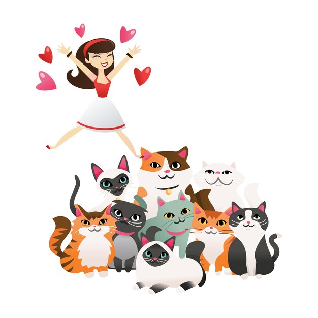 Vector cartoon woman jumping at a group of cute kittens