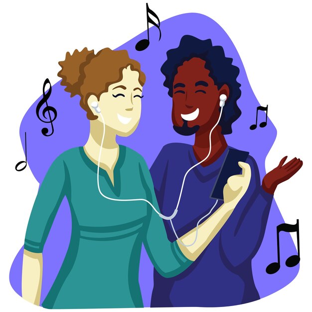 A cartoon of a woman listening to music with a man wearing a blue shirt.