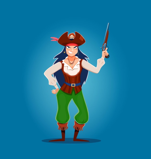 Cartoon woman pirate captain corsair with pistol
