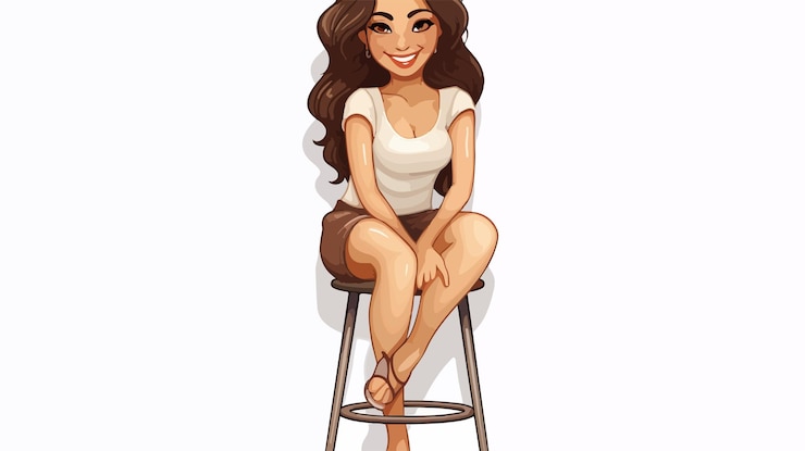Vector cartoon woman posing on stool sticker