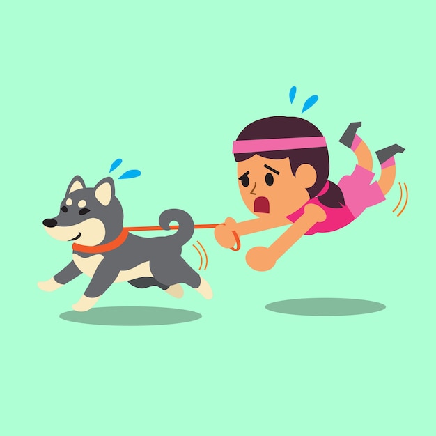 Cartoon woman pulled by her shiba inu dog