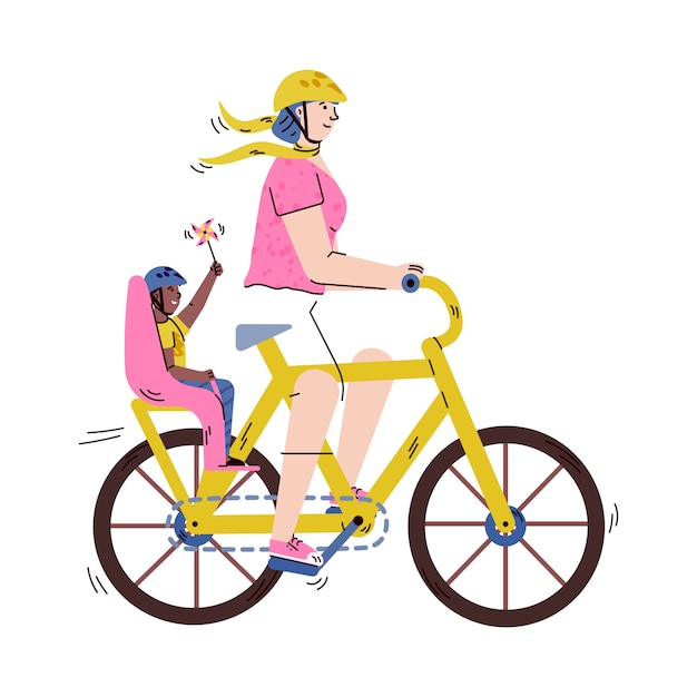 Donna del fumetto che guida bicicletta adulta con il bambino nel sedile del passeggero del bambino
