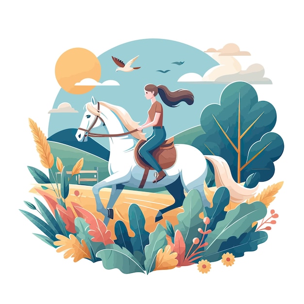 a cartoon of a woman riding a horse in a garden