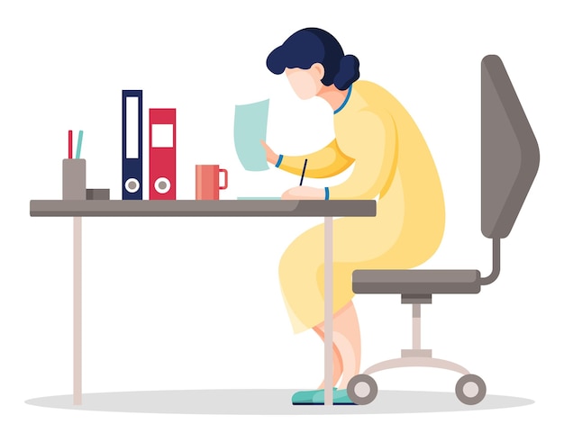 Vector cartoon woman search data in the documents sitting at table in office flat vector illustration