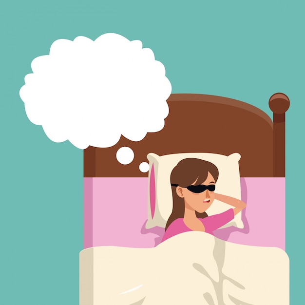 Vector cartoon woman sleeping wearing eye mask in bed