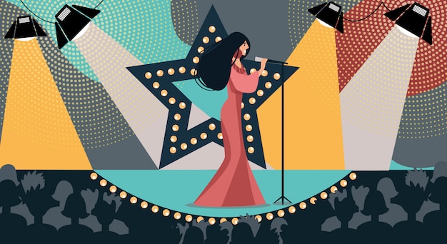 Vector cartoon woman on stage sing song hold microphone