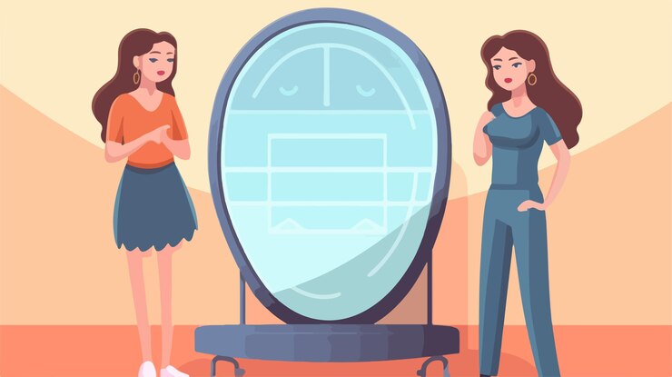 мультфильм о женщине, стоящей перед большим зеркалом