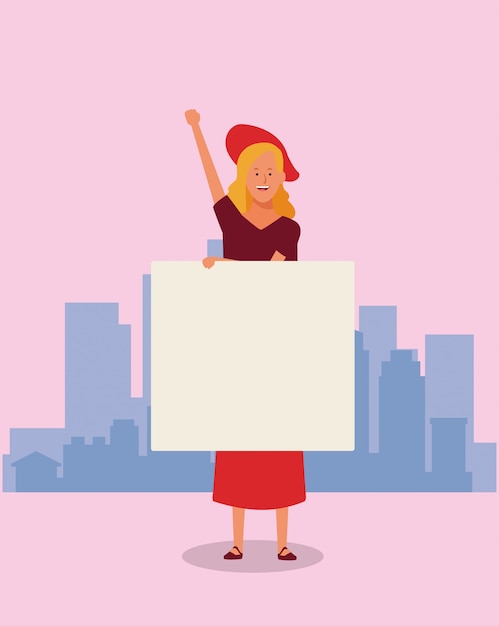 Cartoon woman standing with blank placard over city buildings landscape