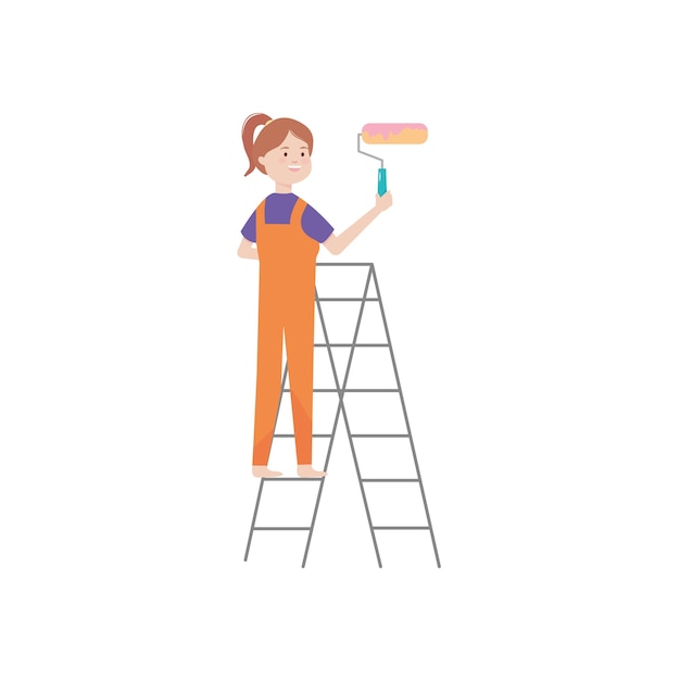 Cartoon woman on a stepladder holding a paint roller over white background