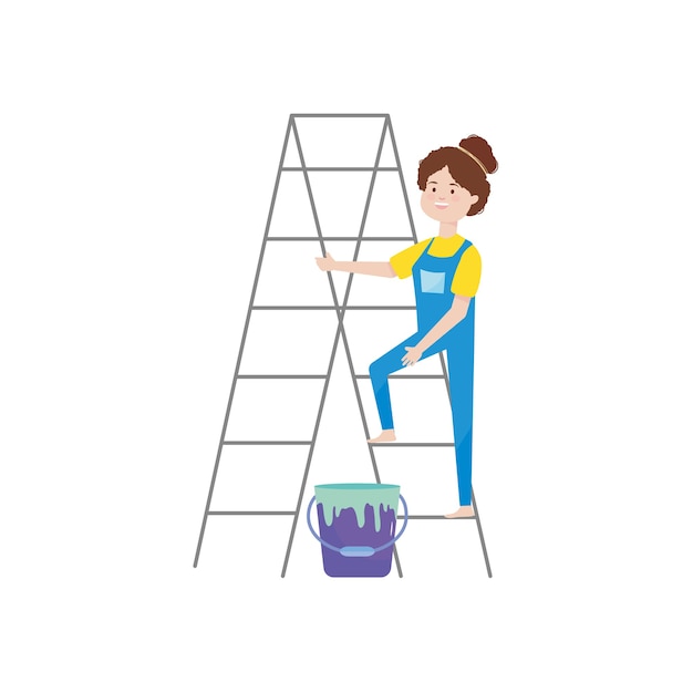 Vector cartoon woman on a stepladder and paint can over white background