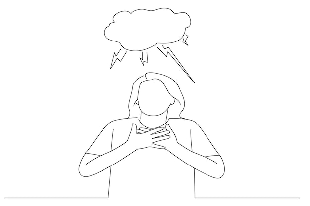 Cartoon of woman suffering from breathing problem One line art