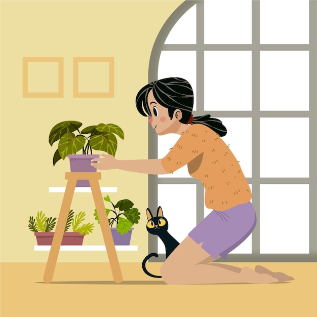 Donna fumetto prendersi cura delle piante