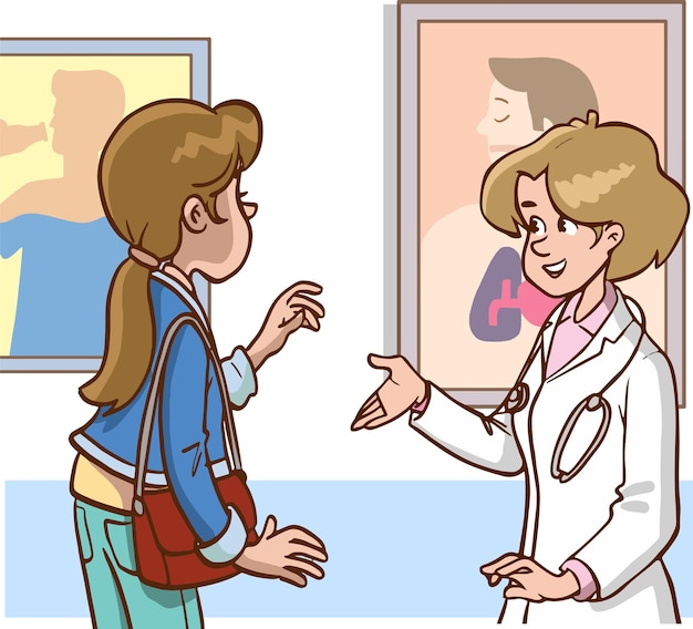 A cartoon of a woman talking to a doctor.