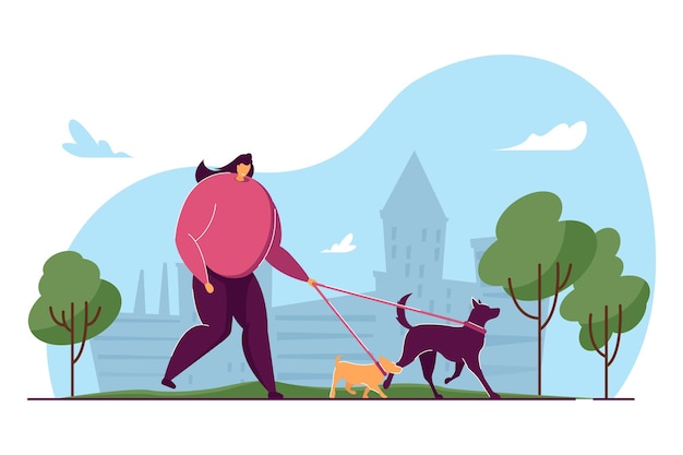 벡터 도시 공원에서 두 마리의 개를 산책하는 만화 여자. 평면 벡터 일러스트 레이 션. 야외에서 개와 함께 산책하는 여성 애완동물 주인. 배너 디자인 또는 방문 페이지를 위한 동물, 애완 동물, 보살핌, 건강한 생활 방식 개념