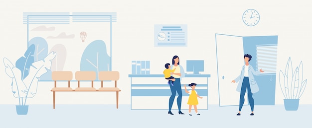 Vector cartoon woman with children visiting pediatrician