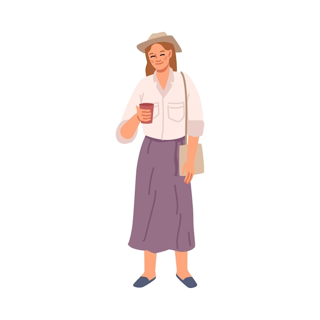 Cartoon woman with cup of coffee and bag walking