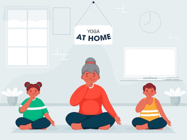 Cartoon woman with kids doing alternate nostril breathing yoga in sitting pose at home to prevent from coronavirus.