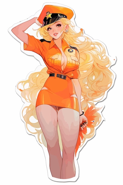 a cartoon of a woman with long blonde hair and a red dress with a black belt