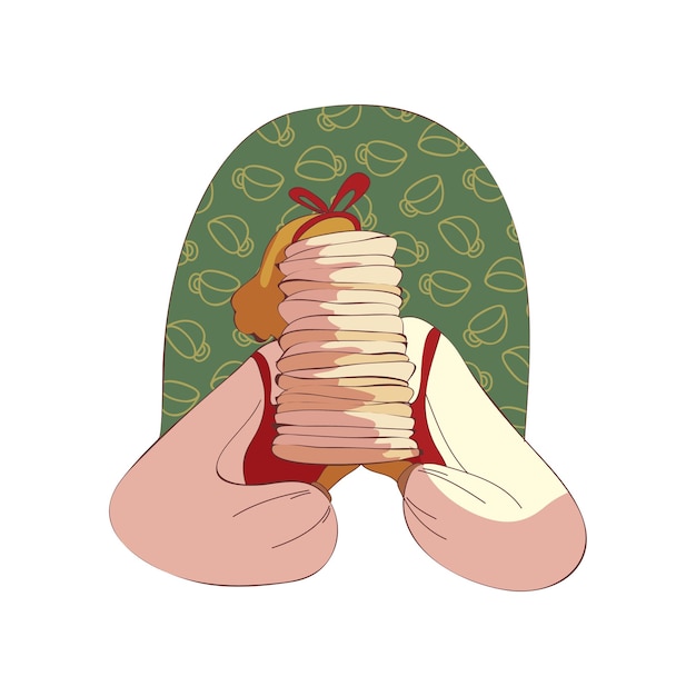 Vettore donna cartone animato con pancake cuoca casalinga in cucina concetto di cibo fatto in casa gustoso e sano illustrazione piatta vettoriale