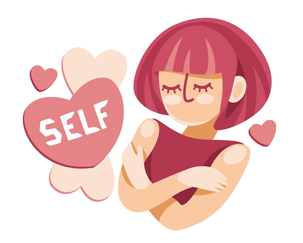 A cartoon of a woman with pink hair and a pink heart that says self.